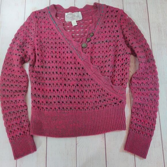 Anthropologie Nick & Mo crochet faux wrap V-neck sweater sz S - Picture 3 of 7